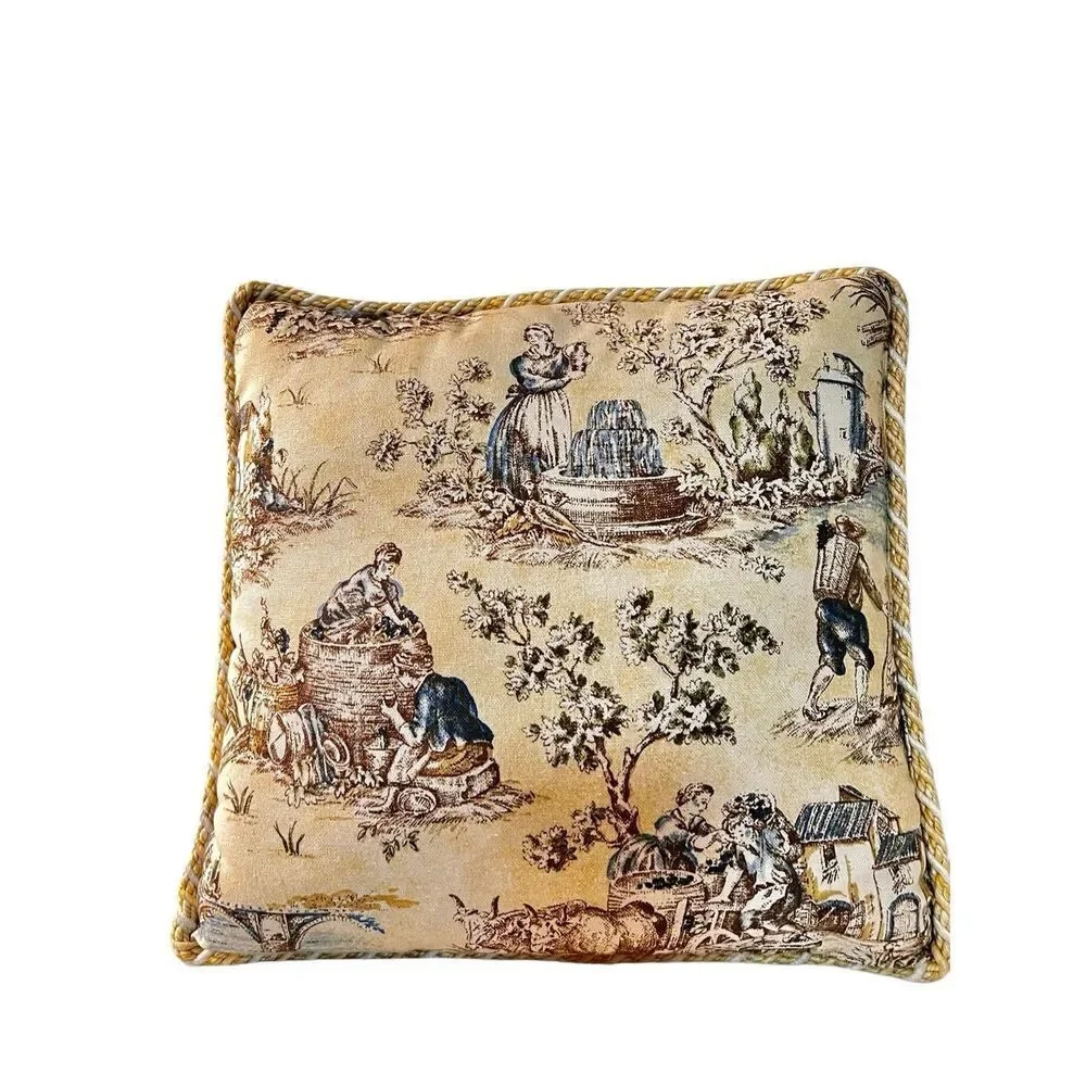 French Country Cottage Pillow Farmhouse Yellow Ivory Blue Brown Toile